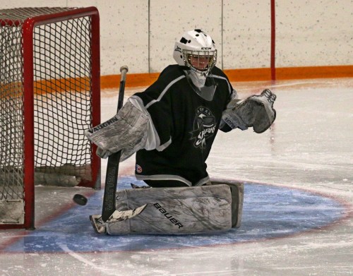 Rhyan Beardy knocks a puck away. The goaltending tandem of Beardy and Emily Ritchot has been excellent this season, as the Sharks have given up the fewest goals in the U18 AA Manitoba league. (Cassidy Dankochik The Carillon)